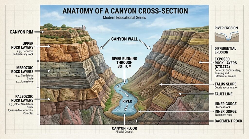 The Anatomy of a Canyon: Understanding Canyon Walls, Floors, and Rock Layers 2 Canyon anatomy cross section dia… 202605201232