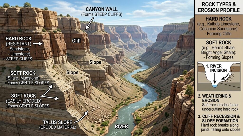 The Anatomy of a Canyon: Understanding Canyon Walls, Floors, and Rock Layers 8 Differential erosion canyon wall… 202605201454