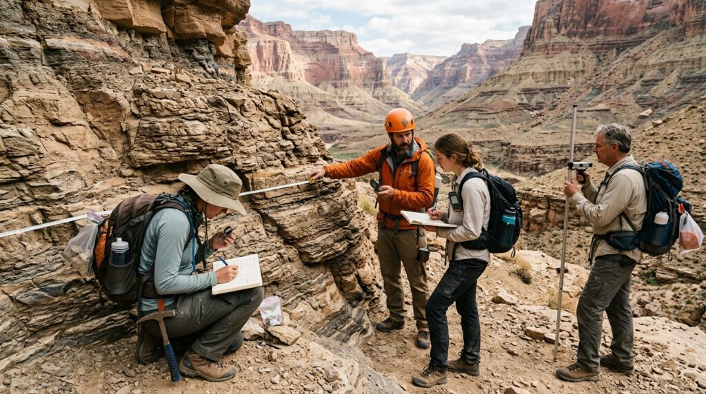 Canyons as Natural Laboratories: Unlocking Earth’s History 4 Geologists examining canyon rock… 202605210920