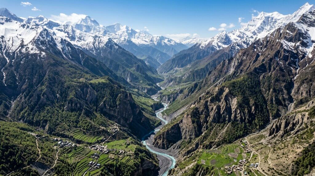 Himalayan canyon river snow peaks 202605220728