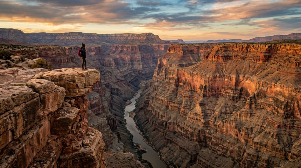 Canyons as Natural Laboratories: Unlocking Earth’s History 8 Human beside enormous canyon cliffs 202605211046