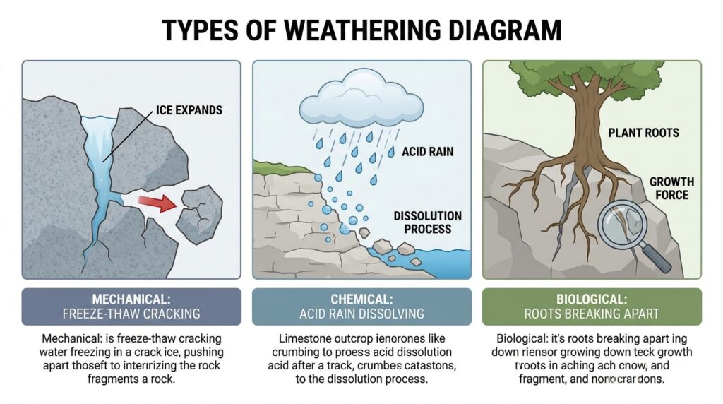 How Weathering, Erosion, Rivers, and Time Shape Landscapes 3 Three types of weathering diagram 202605191503