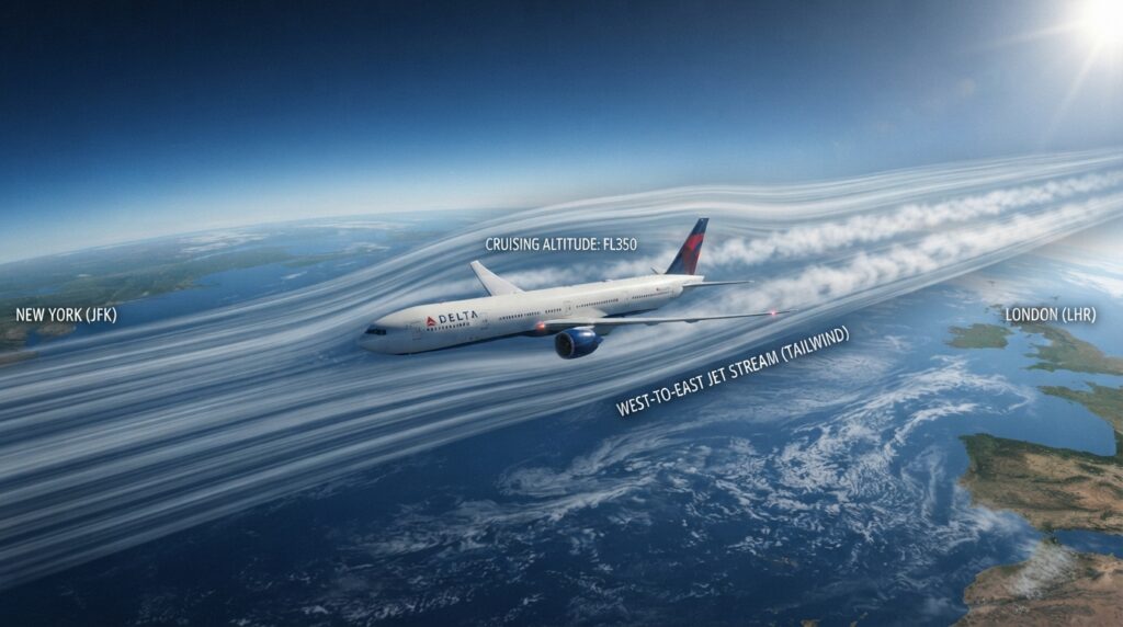 Aircraft flying with jet stream 202608241243